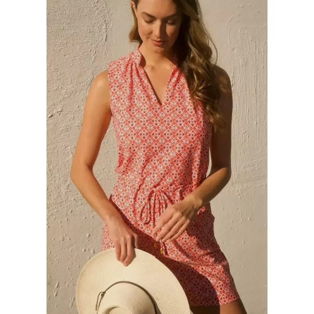 Helen Jon Sanibel Beach Mini Dress Size Large Coral Orange Navy V-neck Pockets - Picture 7 of 13